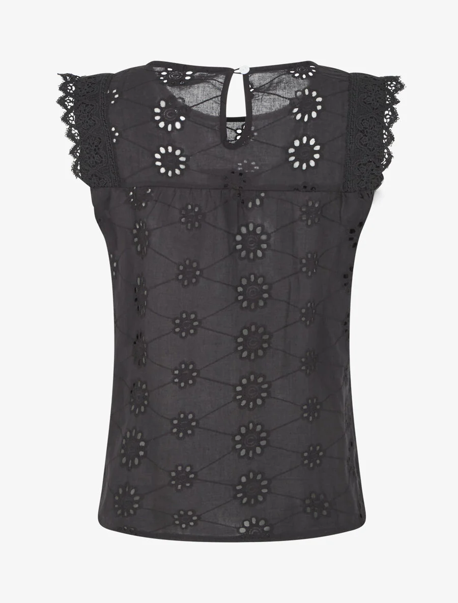 Rechte mouwloze top in broderie anglaise - Zwart - Image 2