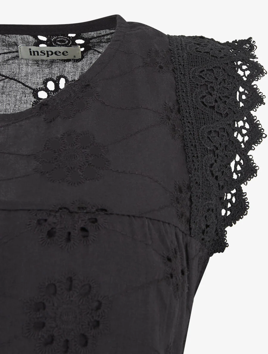 Rechte mouwloze top in broderie anglaise - Zwart - Image 3
