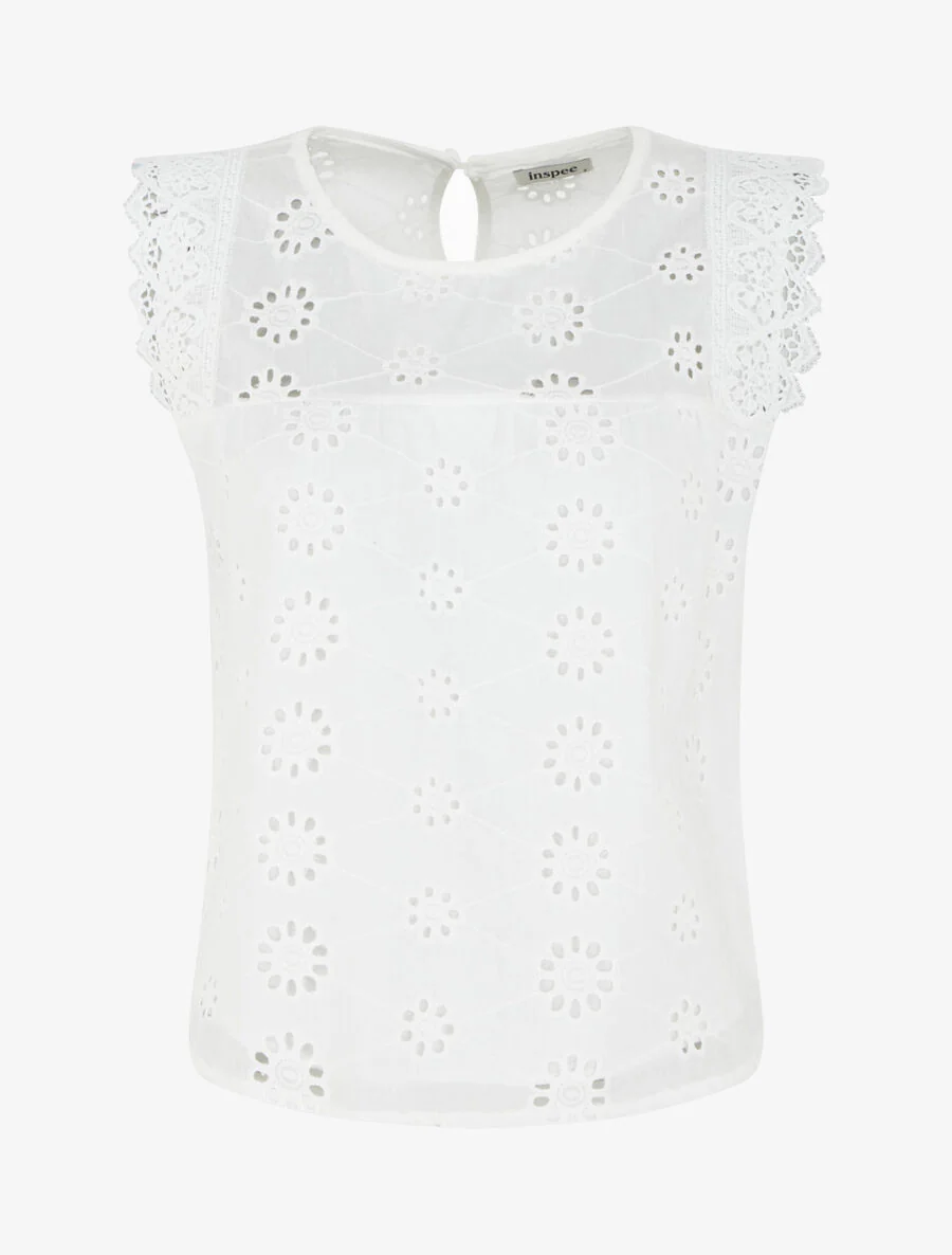 Rechte mouwloze top in broderie anglaise - wit