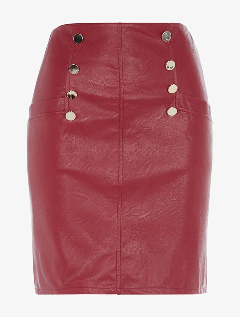 Rechte rok in imitatieleer met decoratieve knopen - bordeaux