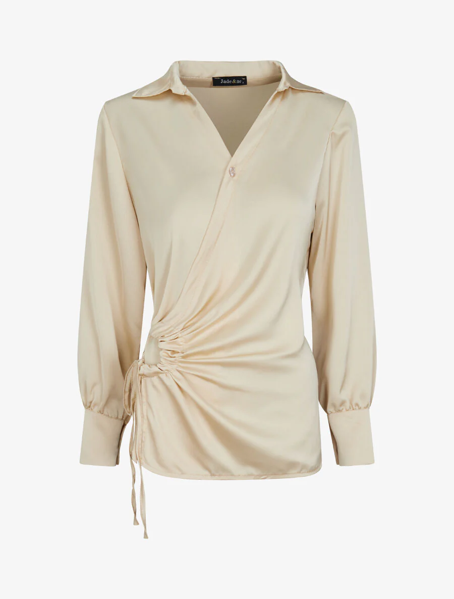 Rechte satijnen blouse met linten - beige
