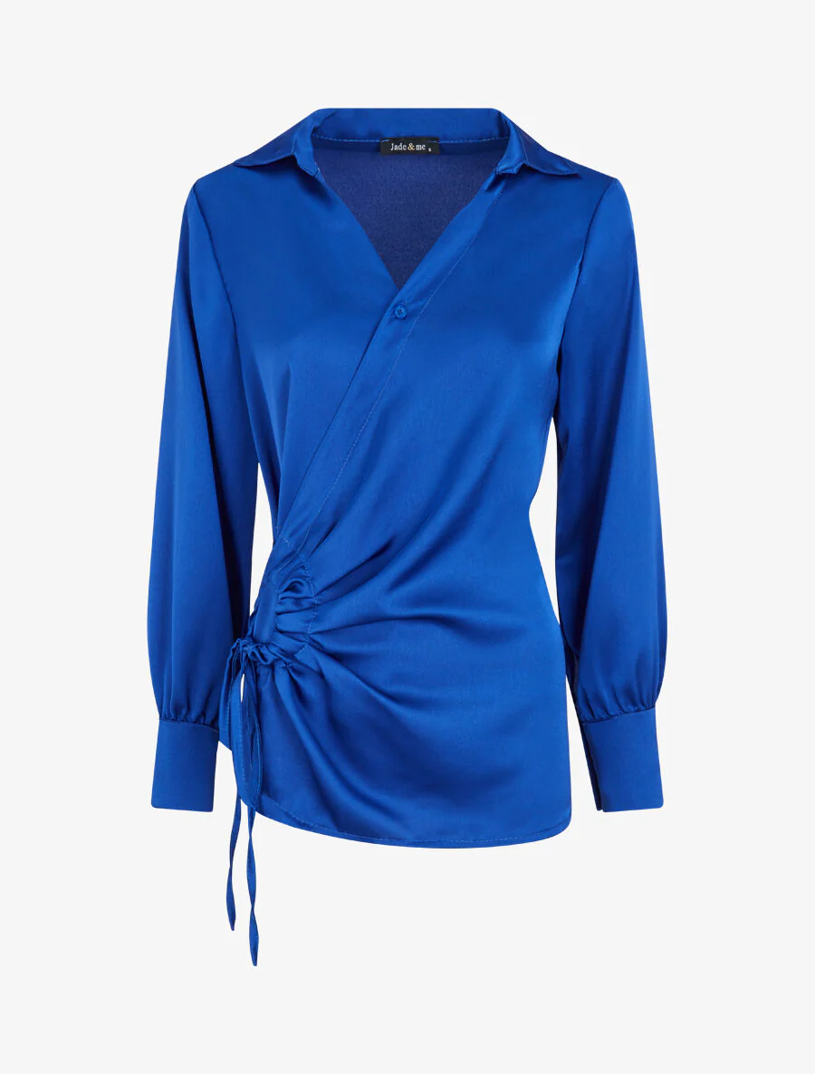 Rechte satijnen blouse met linten - Elektrisch blauw
