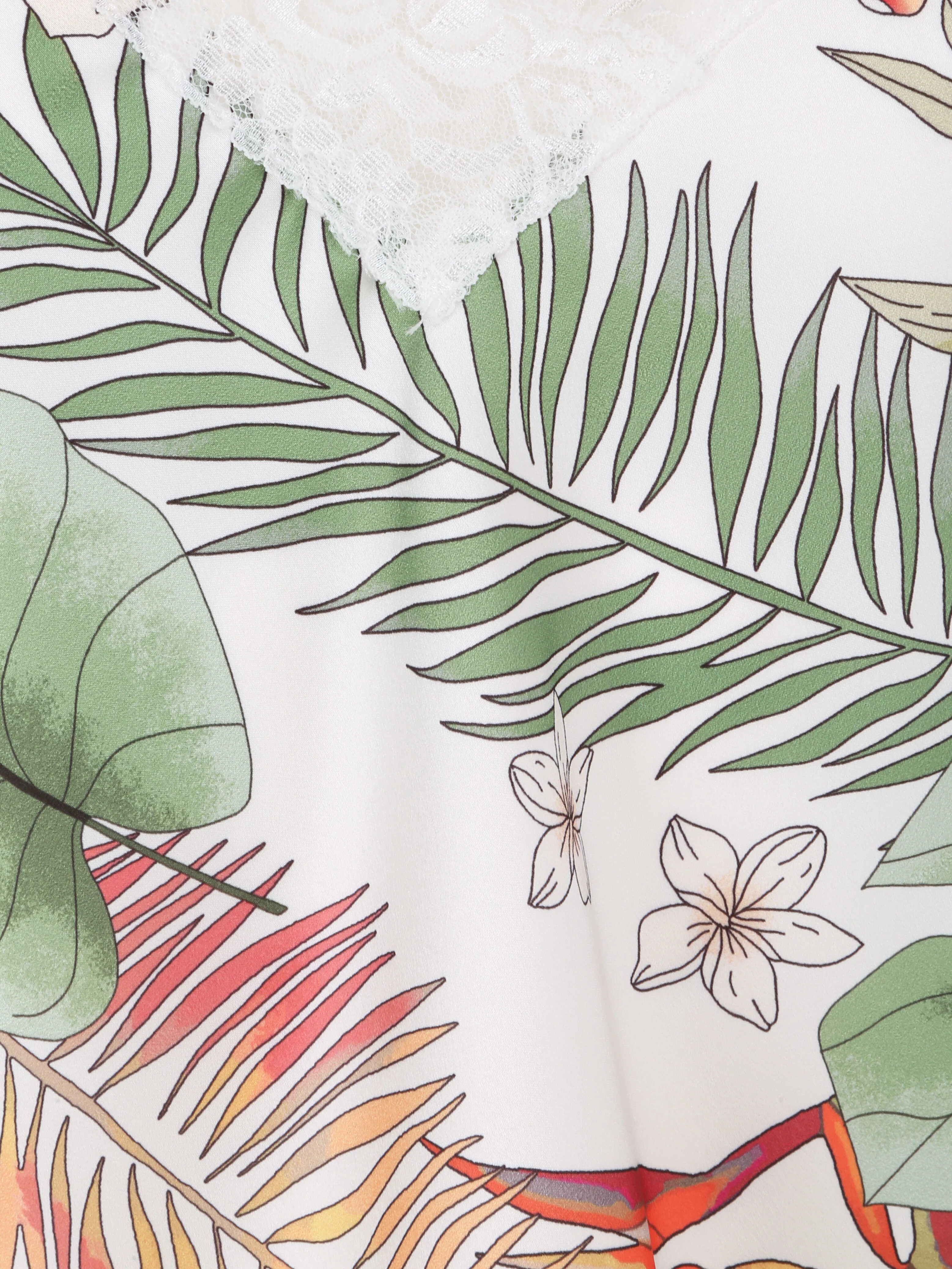 Rechte satijnen top met diverse bloemenprint en V-hals met kant - Wit - Image 3