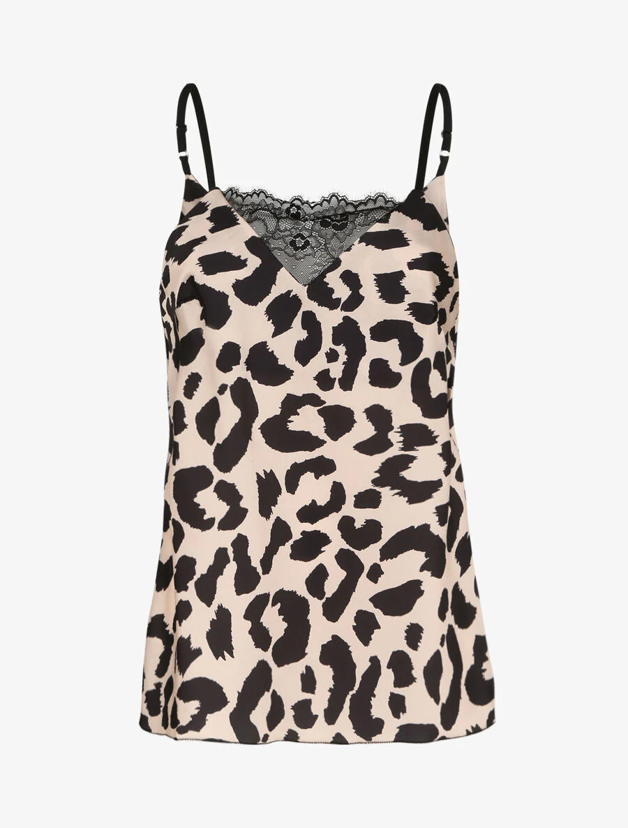 Rechte satijnen jas met leopardprint en gestileerde kant - Beige