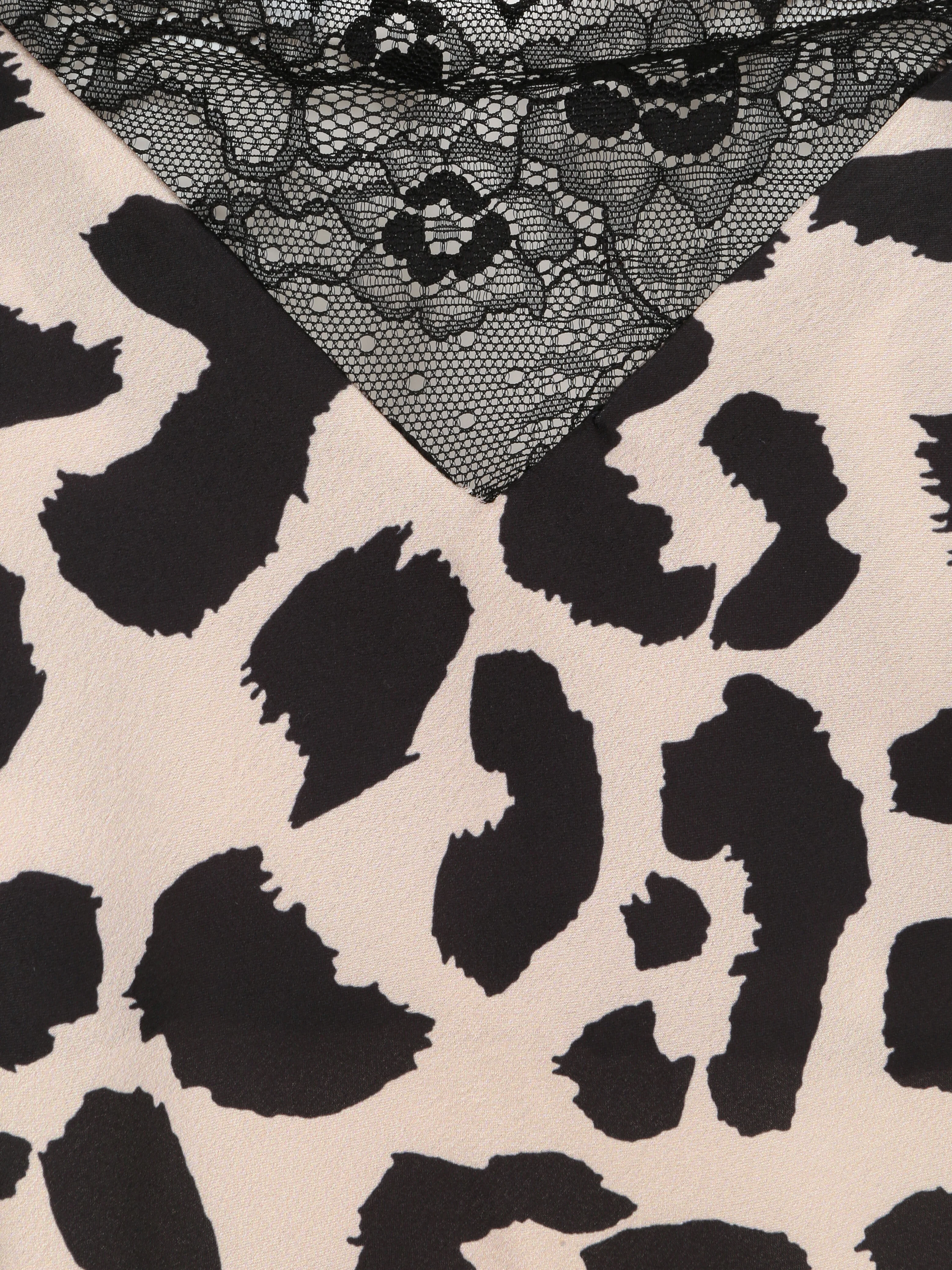 Rechte satijnen jas met leopardprint en gestileerde kant - Beige - Image 3