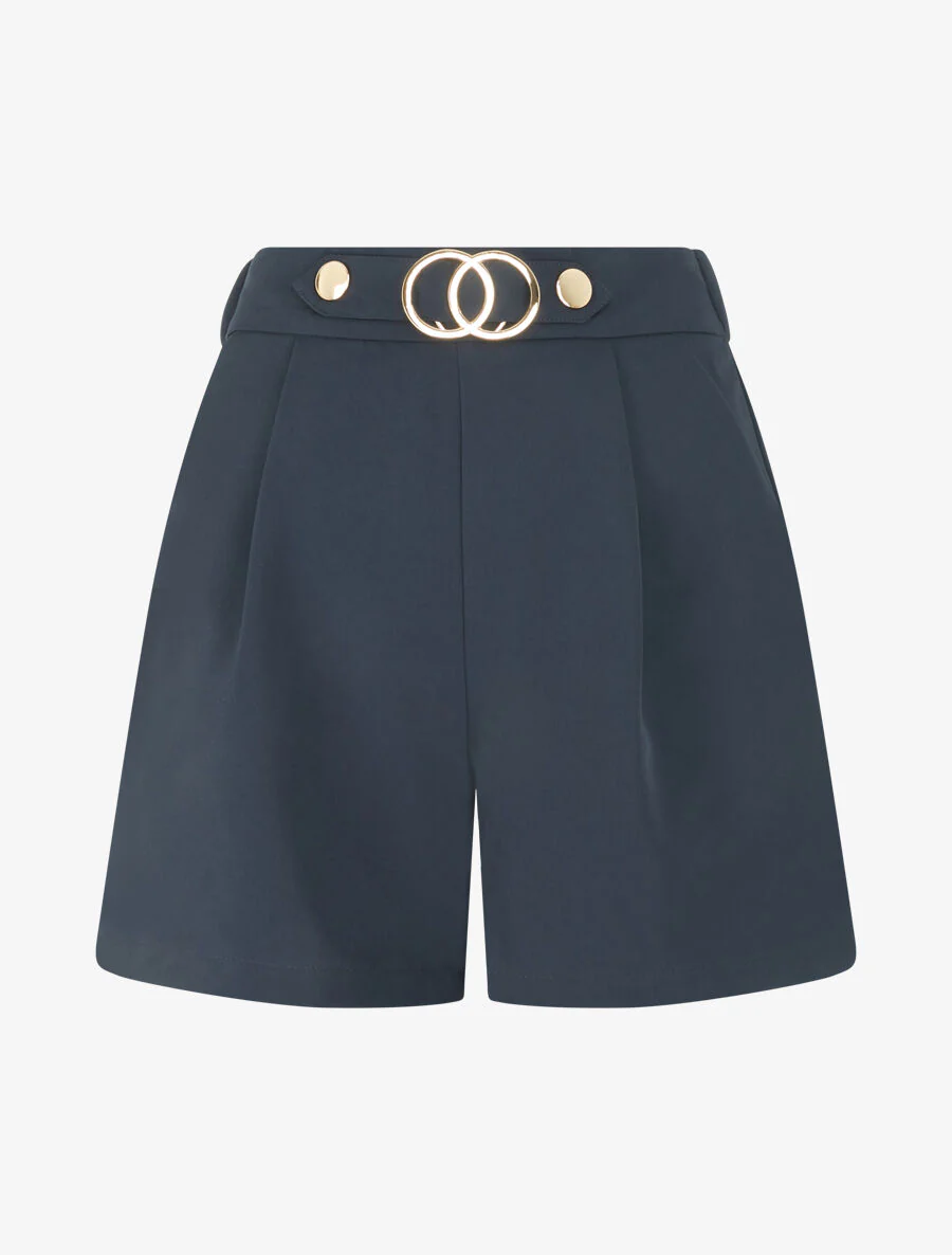 Rechte short met hoge taille en fantasiegesp - Marineblauw