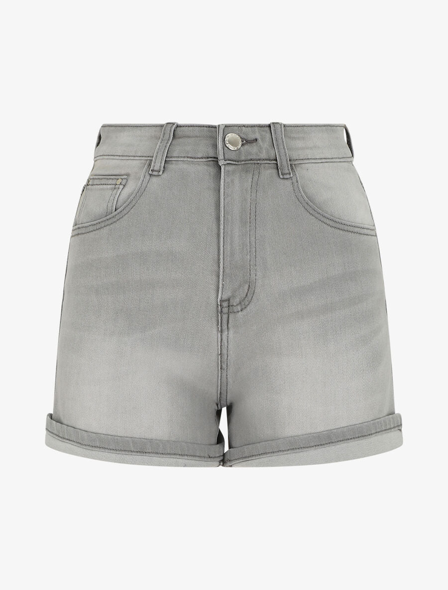 Rechte spijkershorts met hoge taille - Lichtgrijs