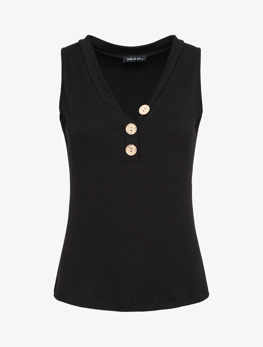 Rechte effen tanktop met knoopsluiting - Zwart
