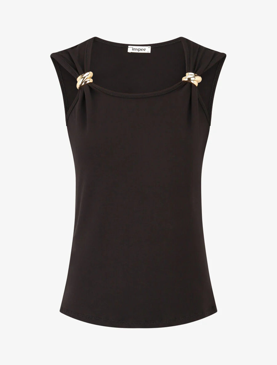 Rechte tanktop met sieraad-schouderbandjes - Zwart