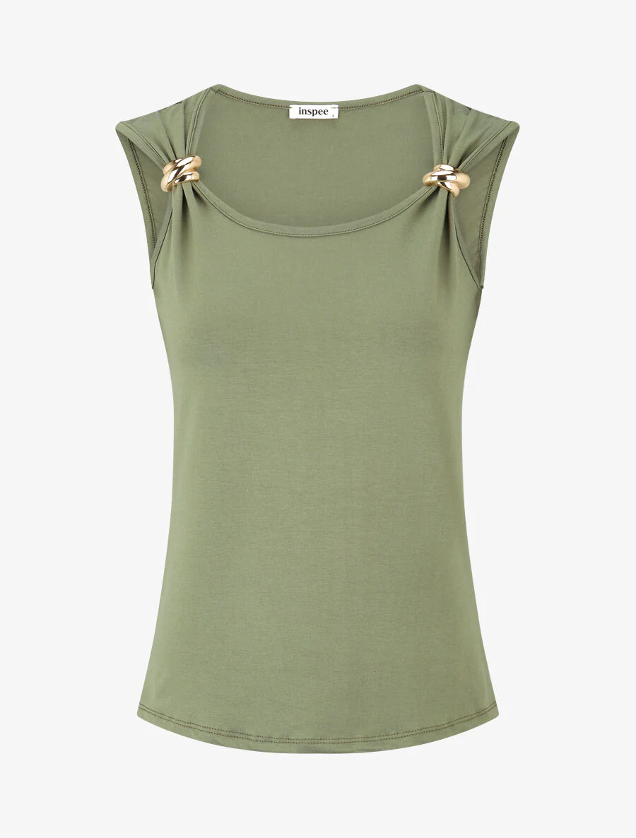 Rechte tanktop met sieraad-schouderbandjes - Khaki