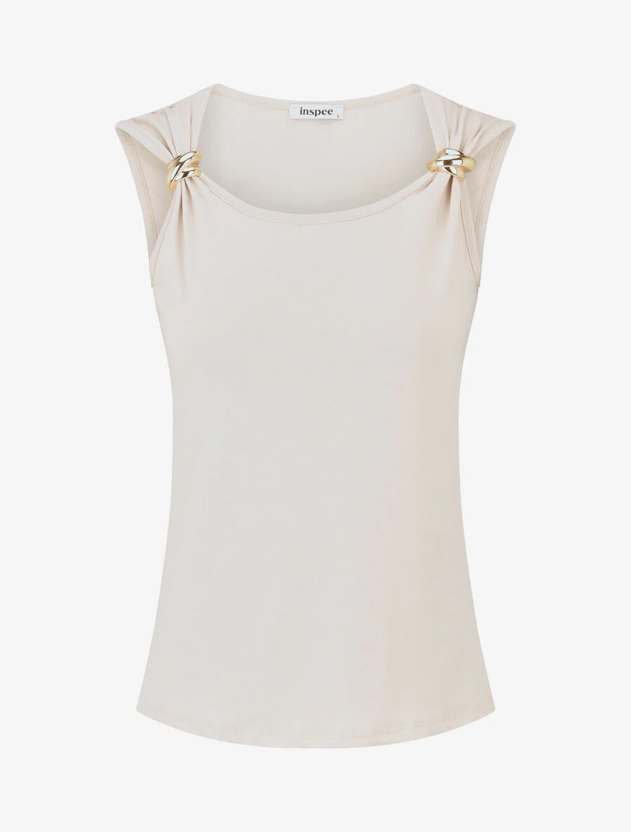 Rechte tanktop met sieraad-schouderbandjes - beige