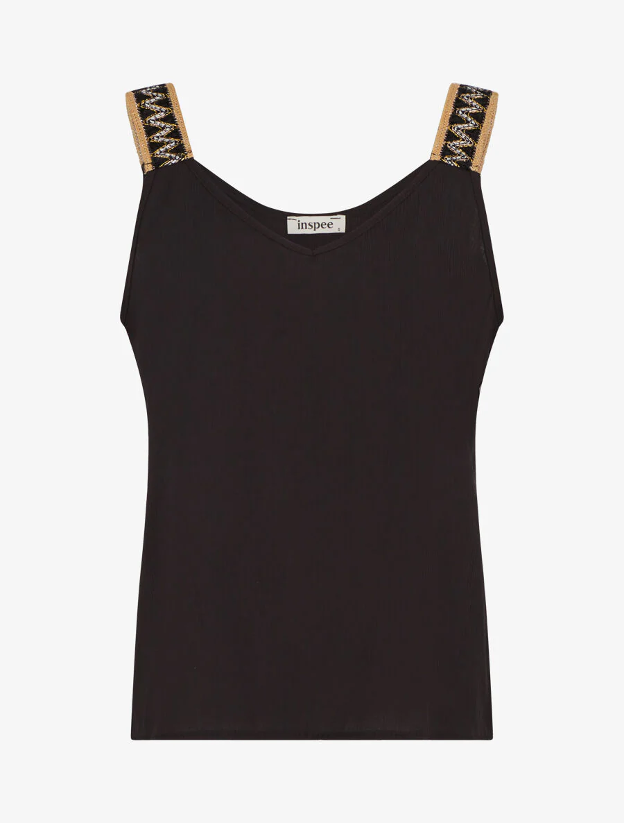 Rechte tanktop met V-hals en fancy bandjes - zwart