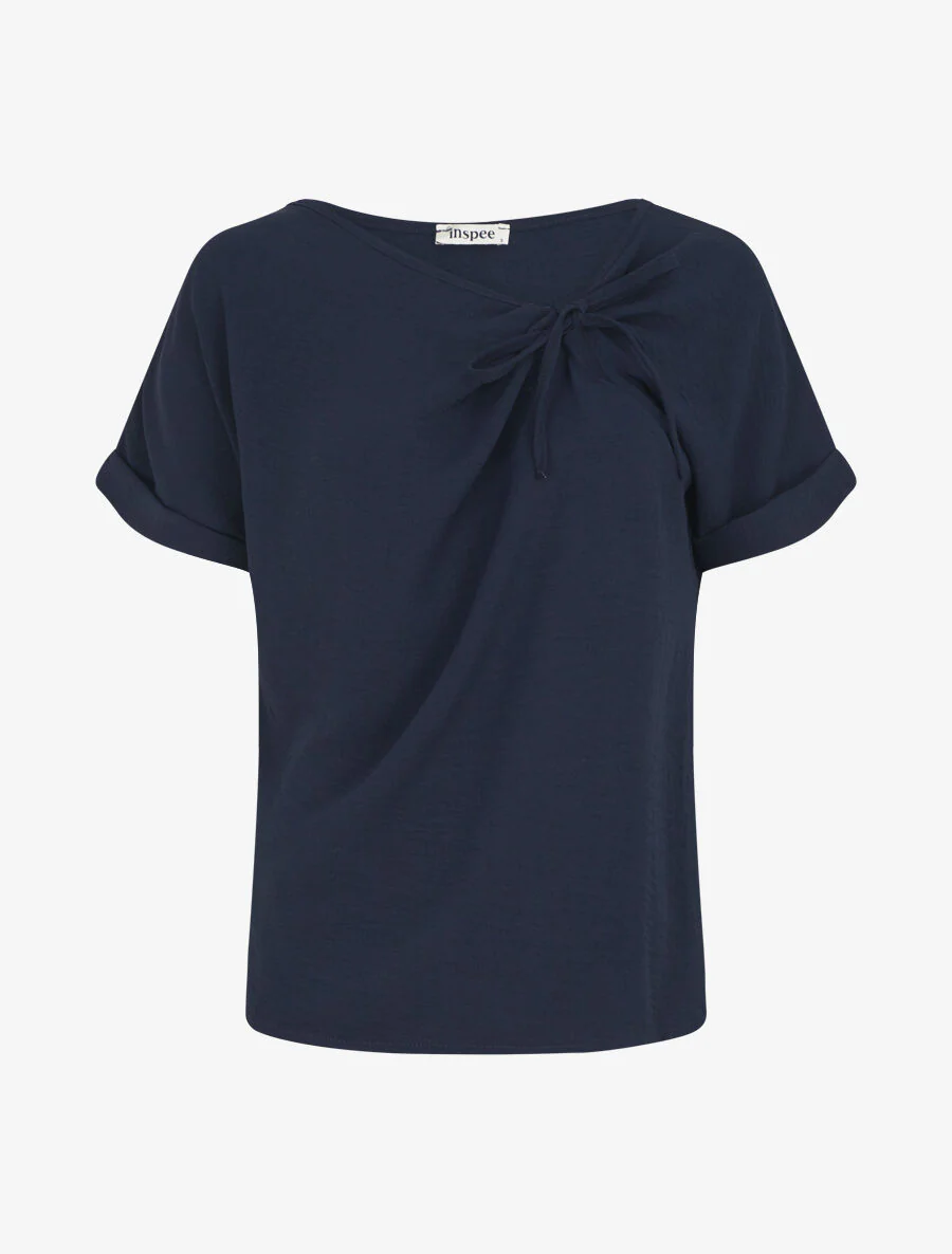 Rechte top met korte mouwen en asymmetrische kraag - Marineblauw