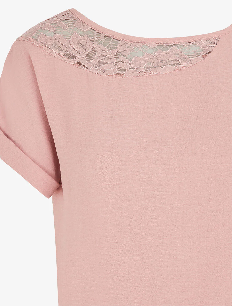 Rechte top met korte mouwen en kanten kraag - Roze - Image 3