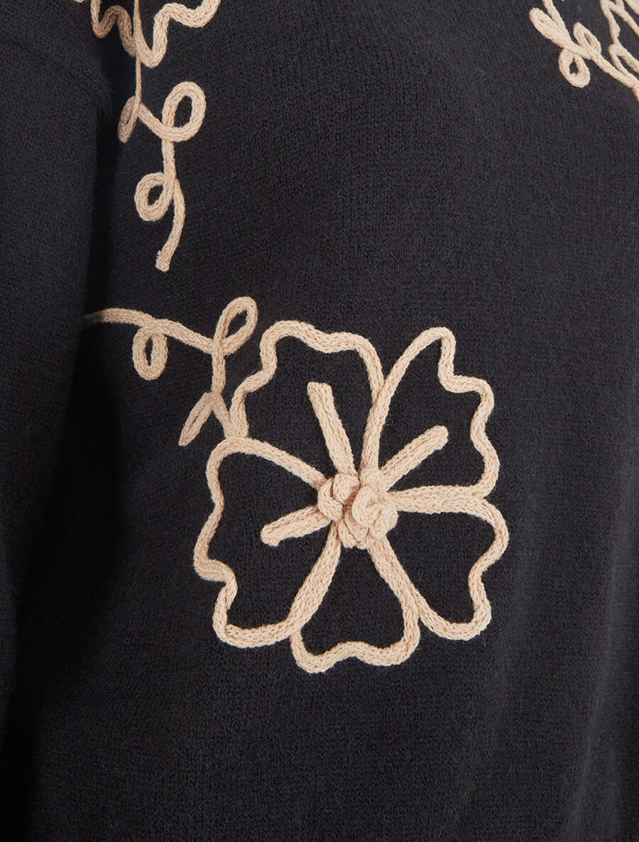 Rechte trui met geborduurde bloemen - Zwart - Image 3