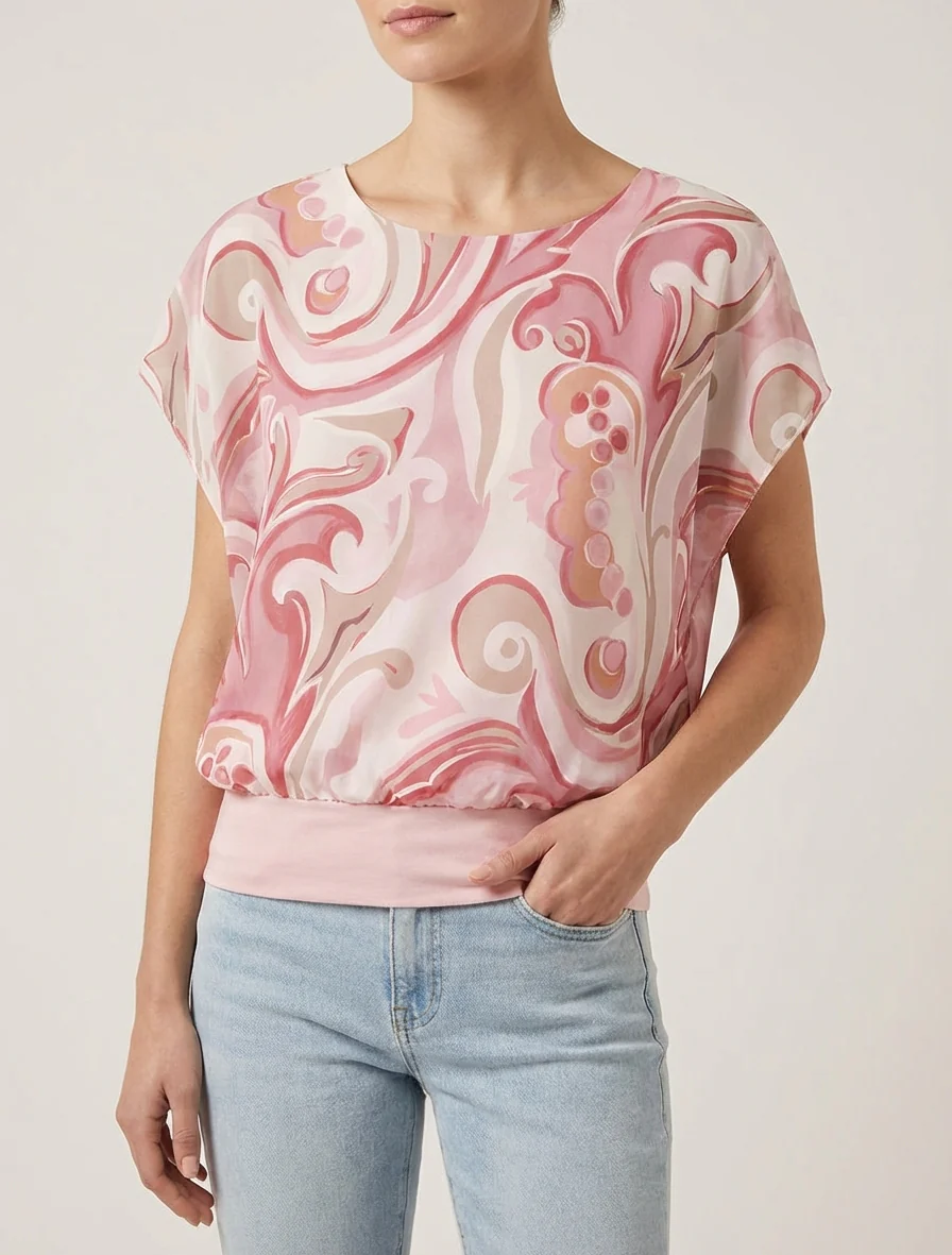 Rechtermouwloos top met korte mouwen en arabeskenprint. - Roos - Image 4