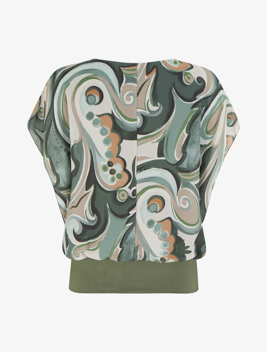 Rechtermouwloos top met korte mouwen en arabeskenprint. - Kaki - Image 2