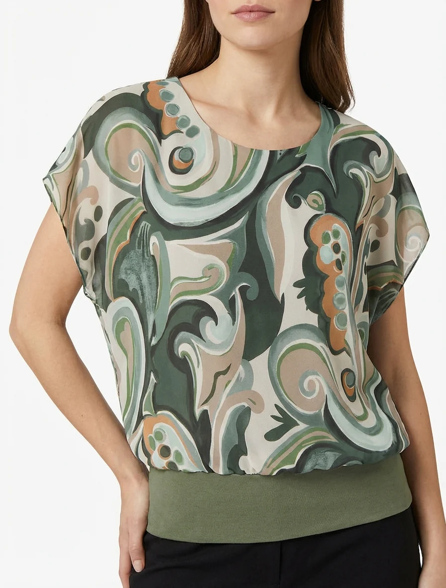 Rechtermouwloos top met korte mouwen en arabeskenprint. - Kaki - Image 4