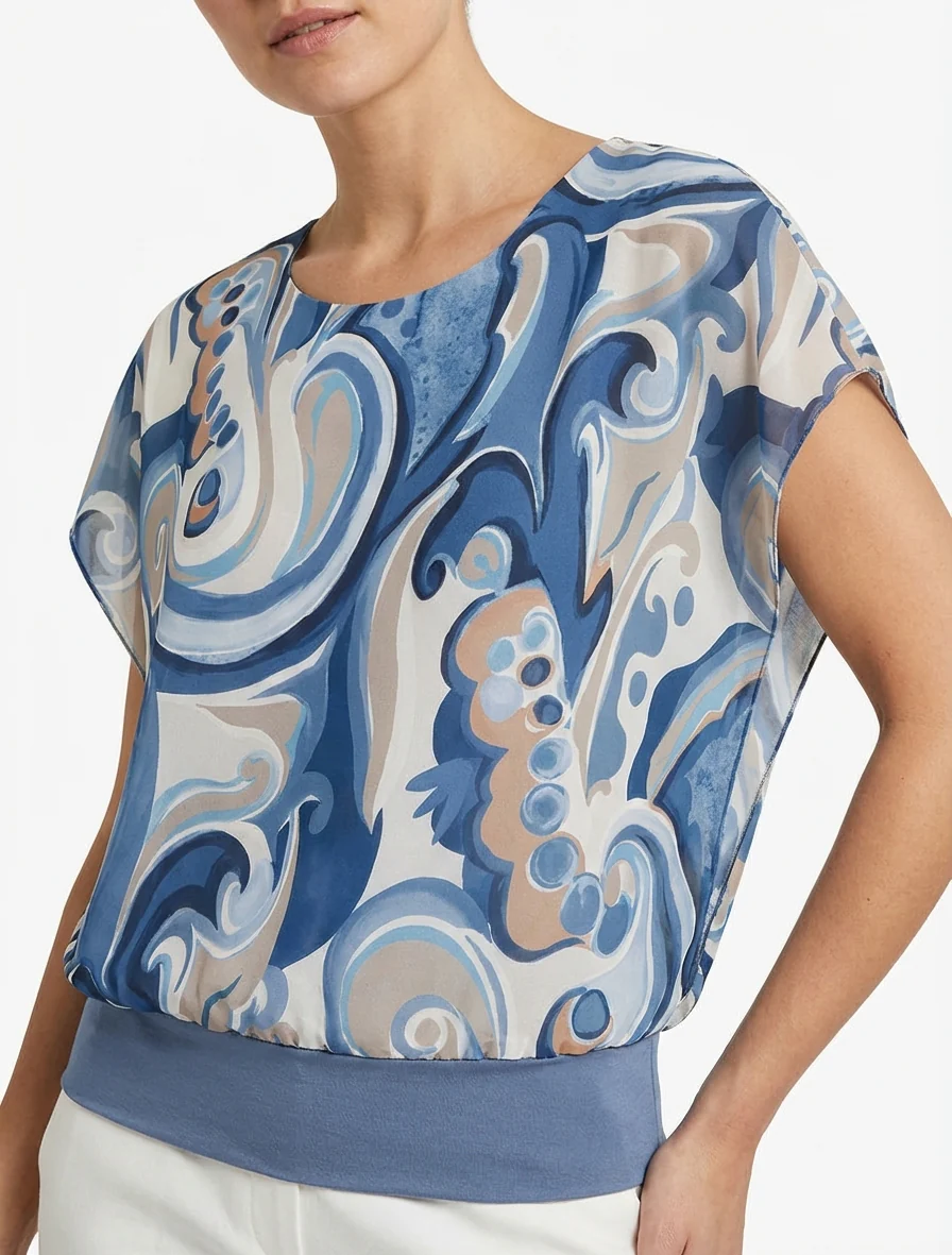 Rechtermouwloos top met korte mouwen en arabeskenprint. - Donkerblauw - Image 4