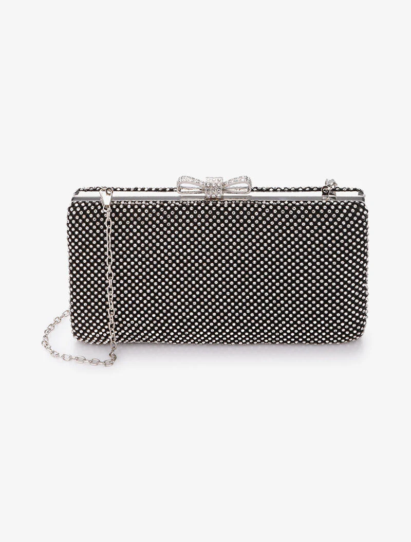 Rechthoekige minaudière met knoopsluiting en strass - Zwart