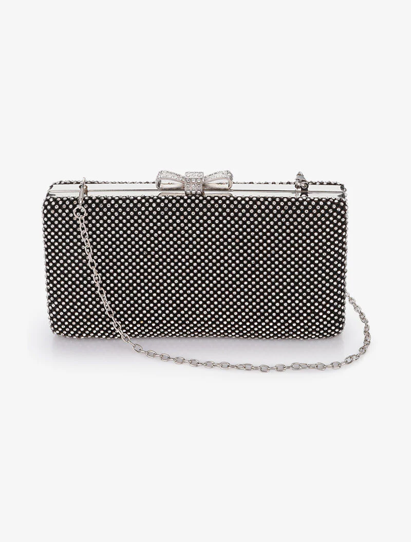 Rechthoekige minaudière met knoopsluiting en strass - Zwart - Image 3