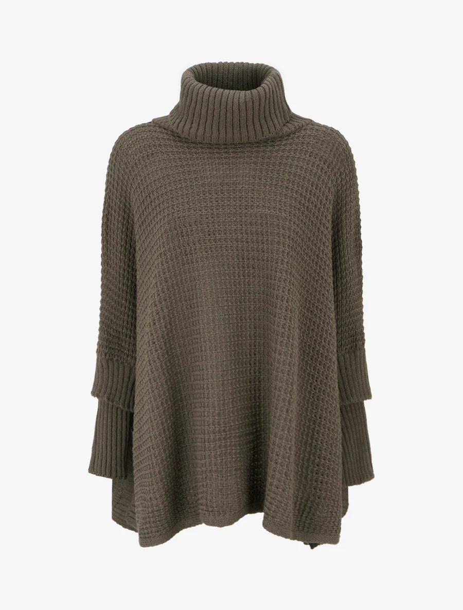 Rechthoekige ponchostijl trui met coltrui. - Kaki