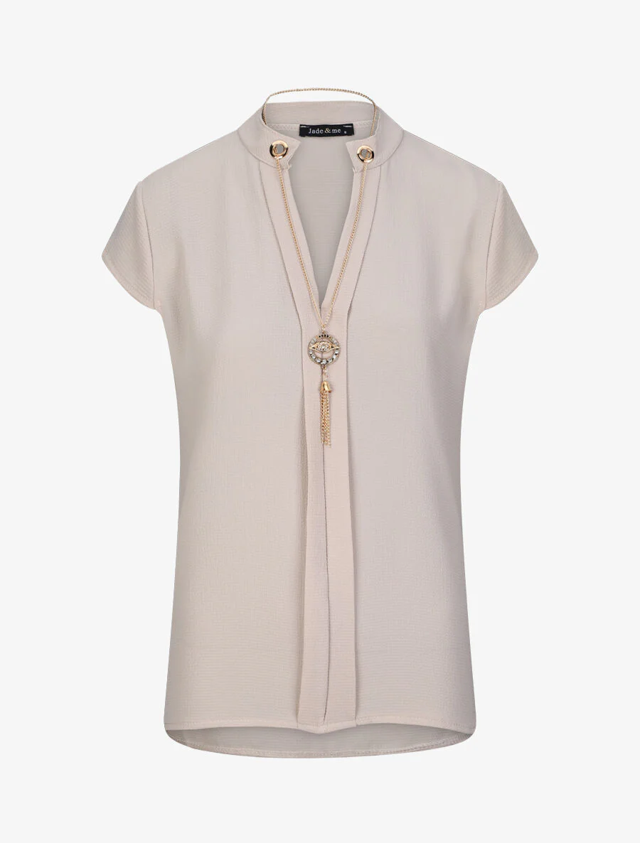 Rechts boven een effen V-hals sieraad - beige