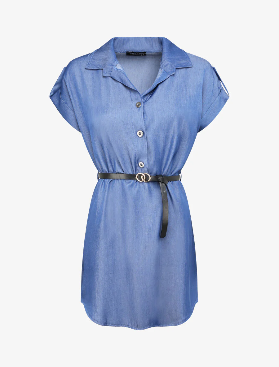 Rechtstreeks shirtstijl tuniek met korte mouwen - Blauw denim