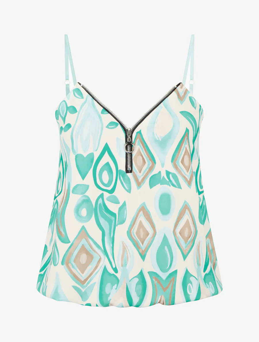 Ritsvest met fantasieprint en ronde hals. - Turkoois