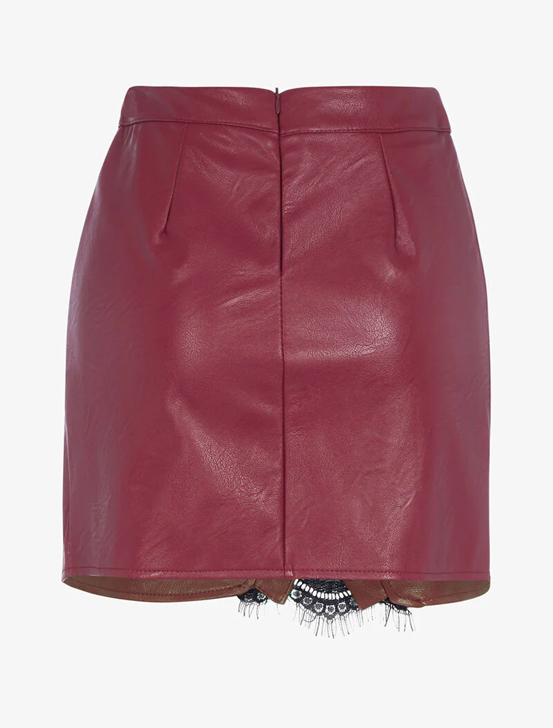 Rok in imitatieleer met knoopstijl en kanten details - bordeaux - Image 2