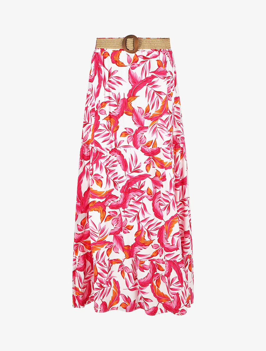Rok met bladprint en elastische tailleband - fuchsia