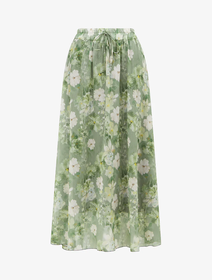 Rok met bloemenprint en elastische tailleband - Kaki