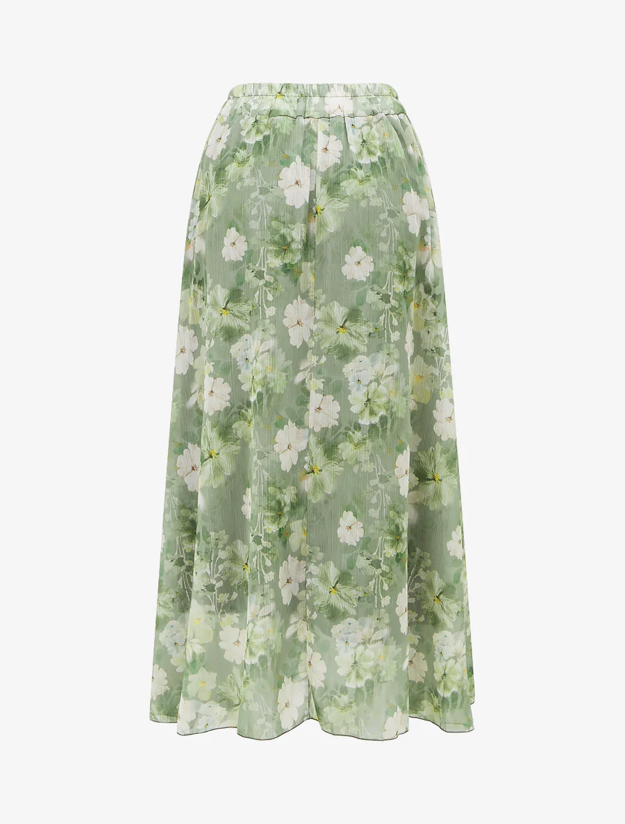 Rok met bloemenprint en elastische tailleband - Kaki - Image 2