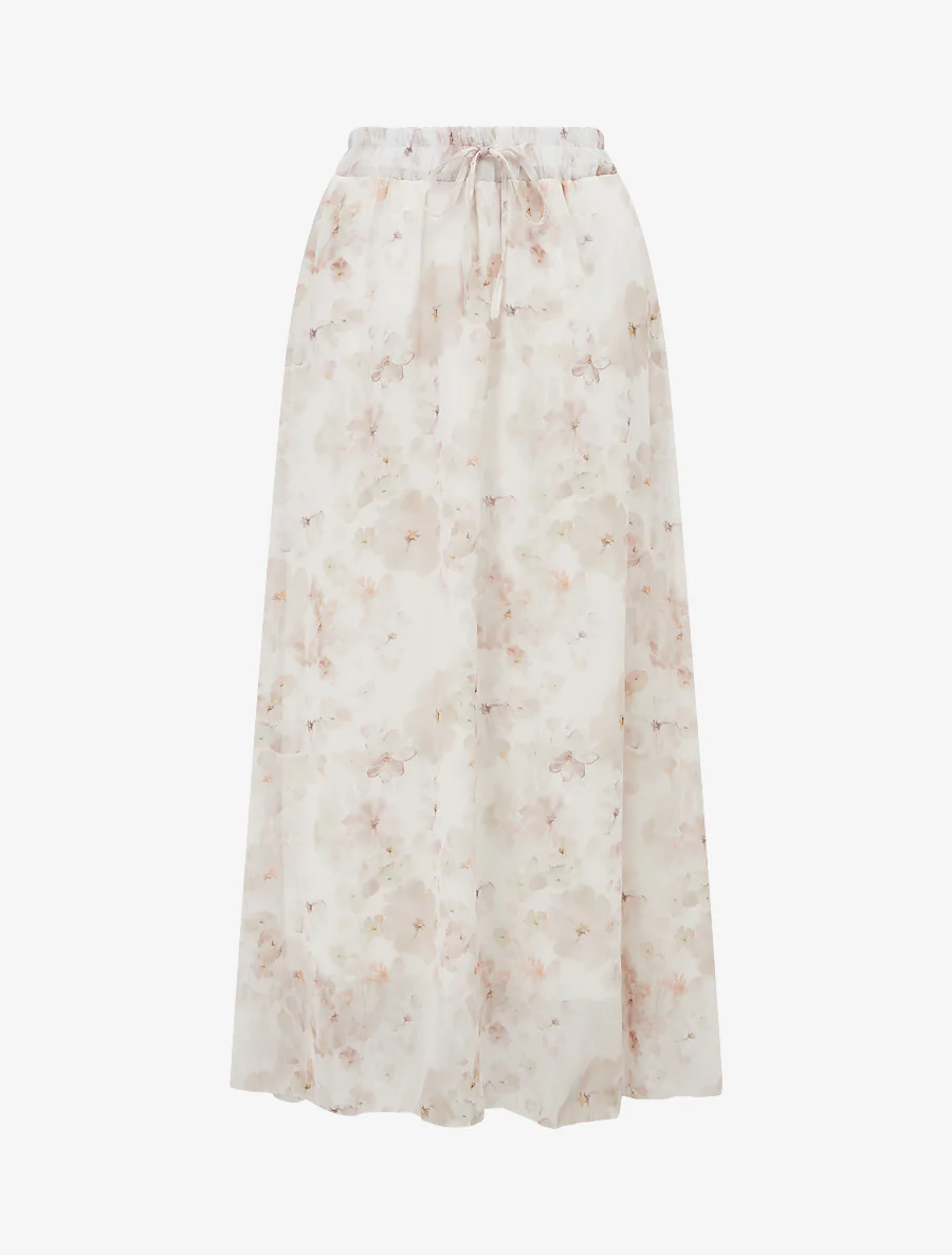 Rok met bloemenprint en elastische tailleband - Beige
