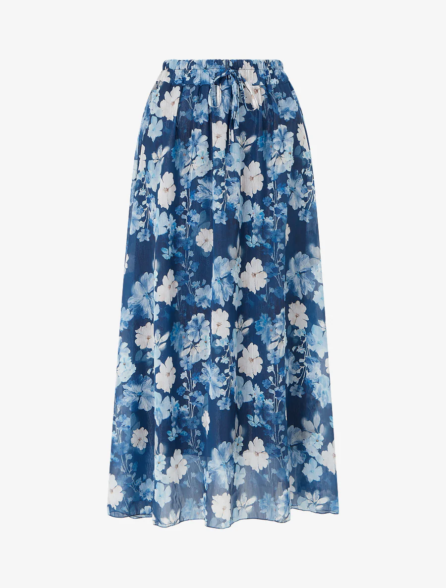 Rok met bloemenprint en elastische tailleband - Marine