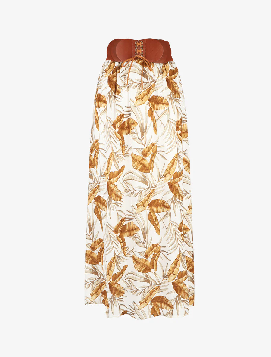 Rok met print. hoge taille en gestileerde ceintuur - wit