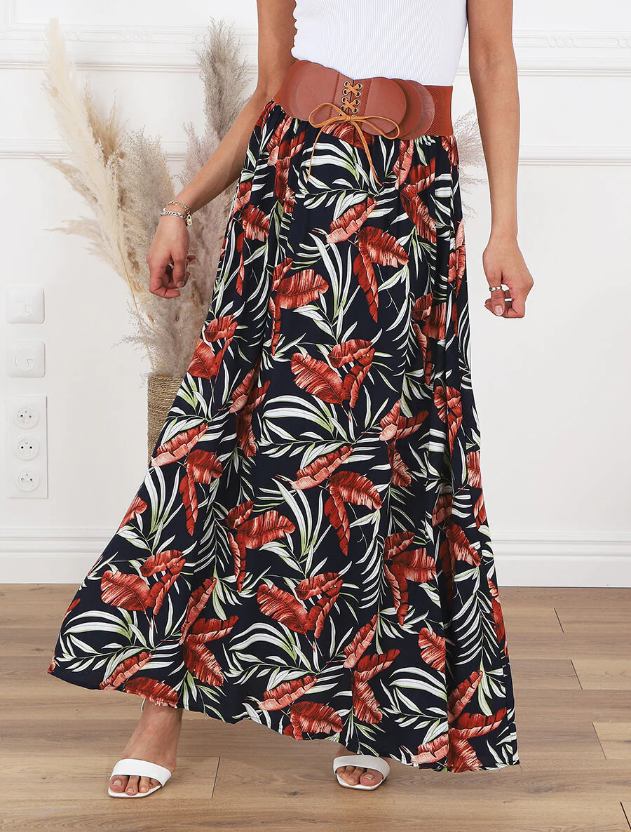 Rok met print. hoge taille en gestileerde ceintuur - Marineblauw - Image 4