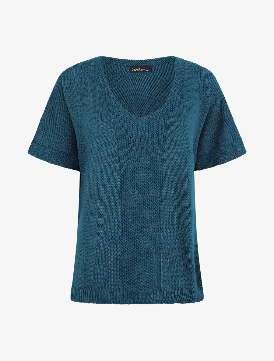 Ronde hals en korte mouwen trui - Blauwgroen