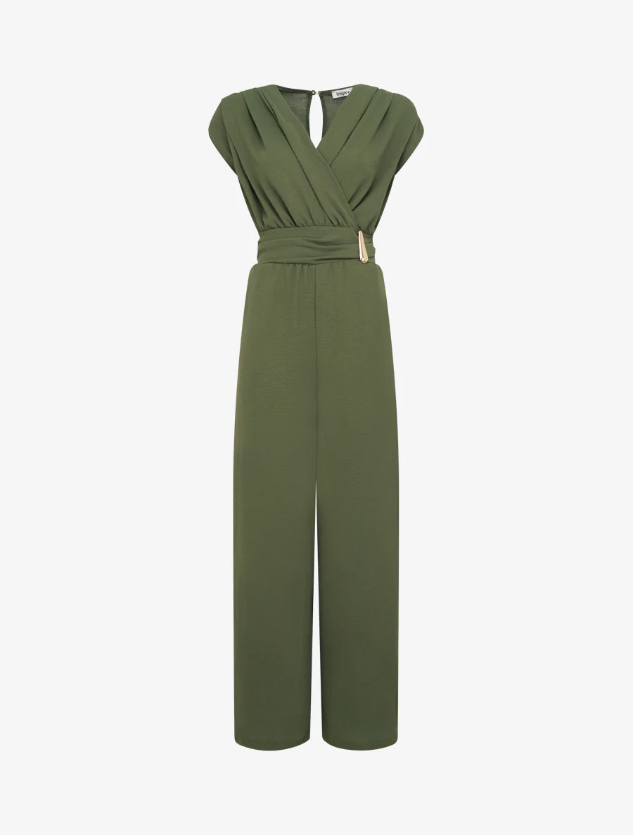 Ruime jumpsuit met wikkeloverslag en draperend effect - Kaki
