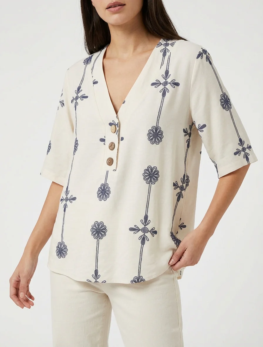 Ruimvallend top met korte mouwen en bloemenprint - Beige - Image 4