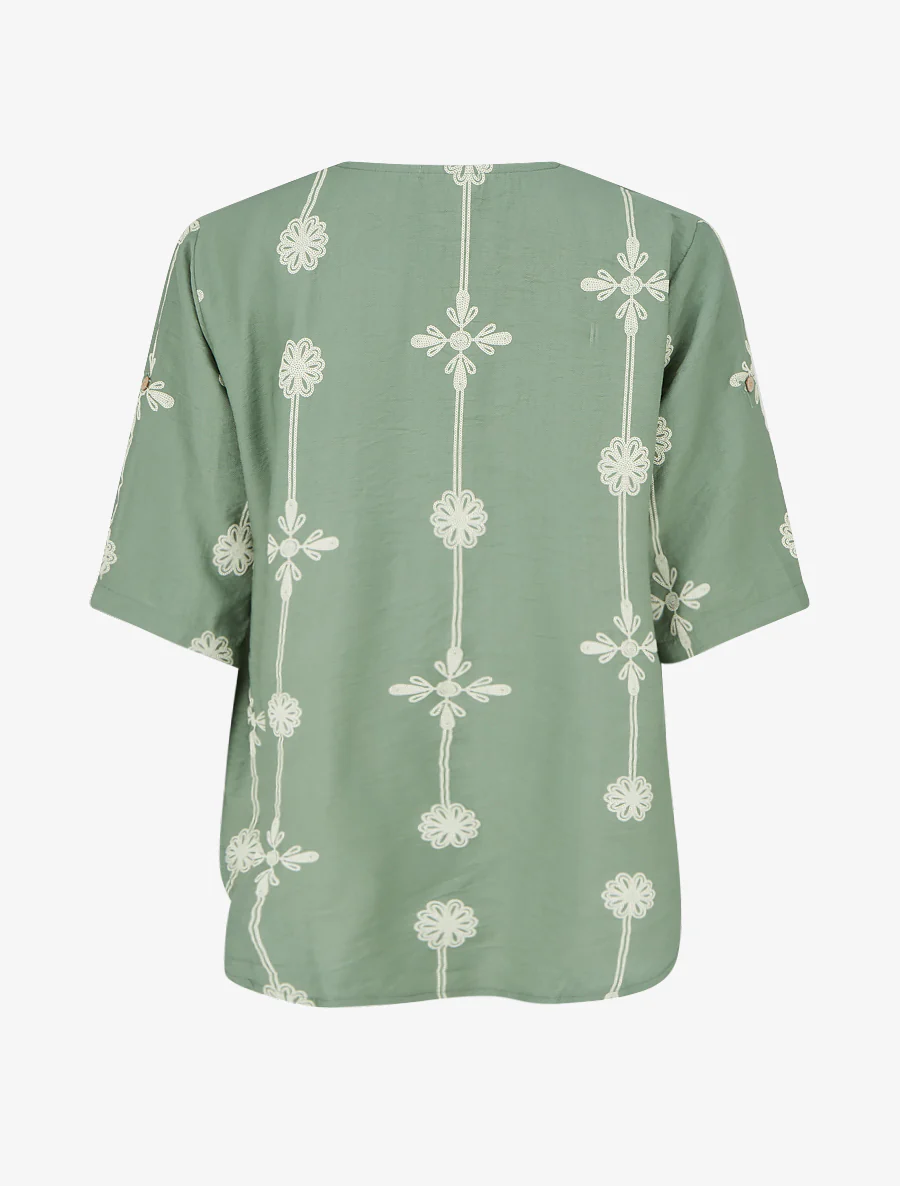 Ruimvallend top met korte mouwen en bloemenprint - Kaki - Image 2