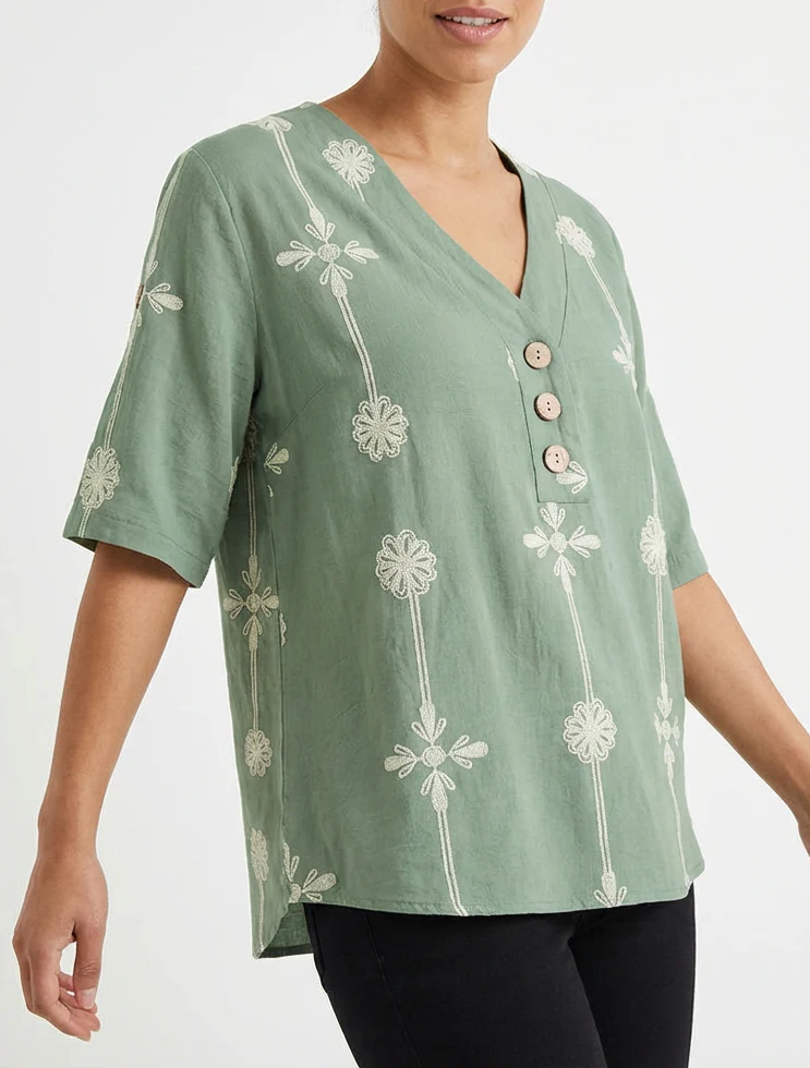 Ruimvallend top met korte mouwen en bloemenprint - Kaki - Image 4