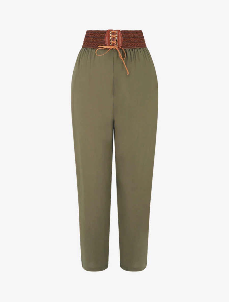 Ruimvallende broek met hoge taille in korsetstijl - Kakigroen