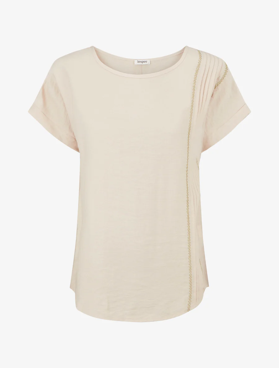 Ruimvallende top met korte mouwen en geplooid detail - Beige