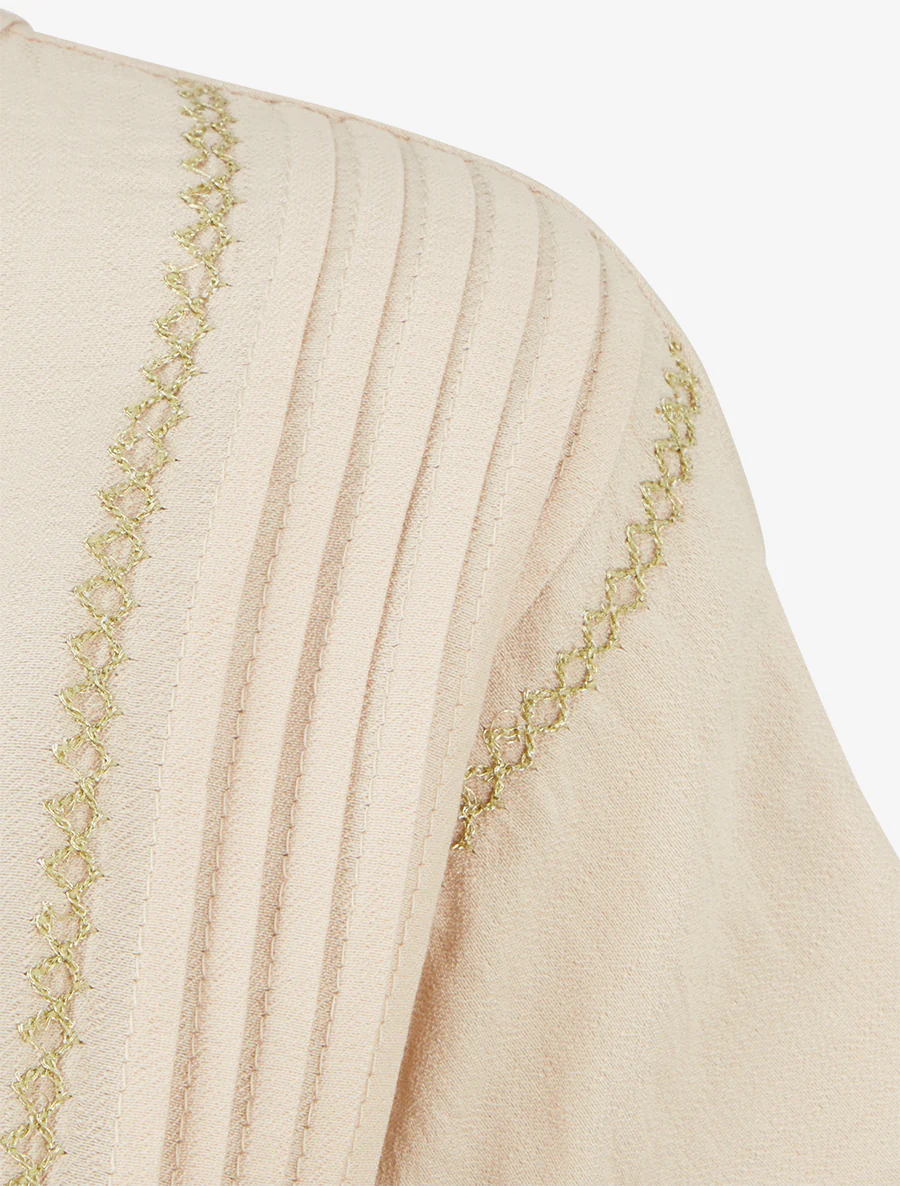 Ruimvallende top met korte mouwen en geplooid detail - Beige - Image 3