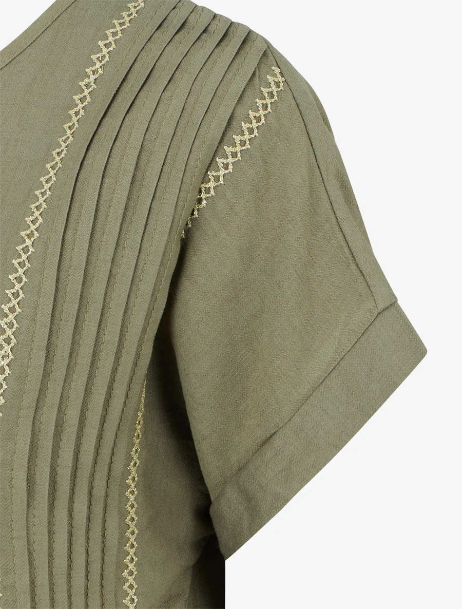 Ruimvallende top met korte mouwen en geplooid detail - Kaki - Image 3