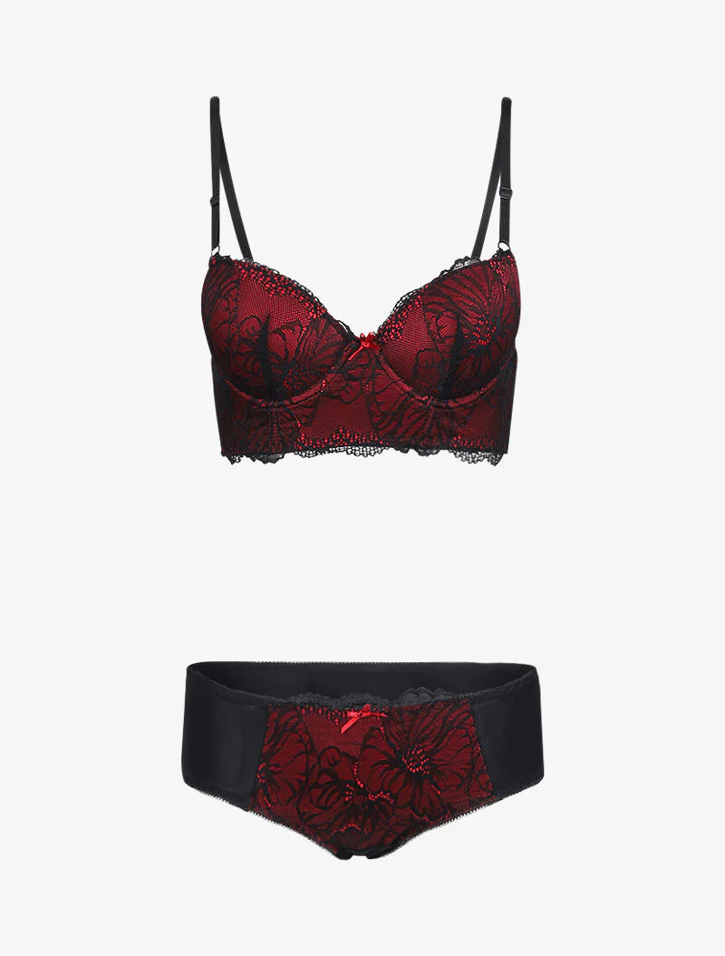 Samenstelling bustier in kant en netstof - Zwart/rood