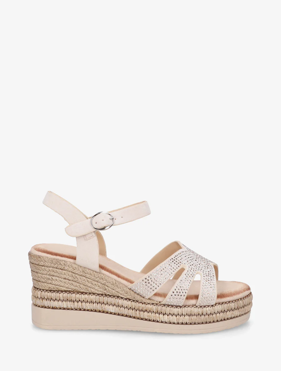 Sandaal met sleehak en met strass bezette bandjes - Beige