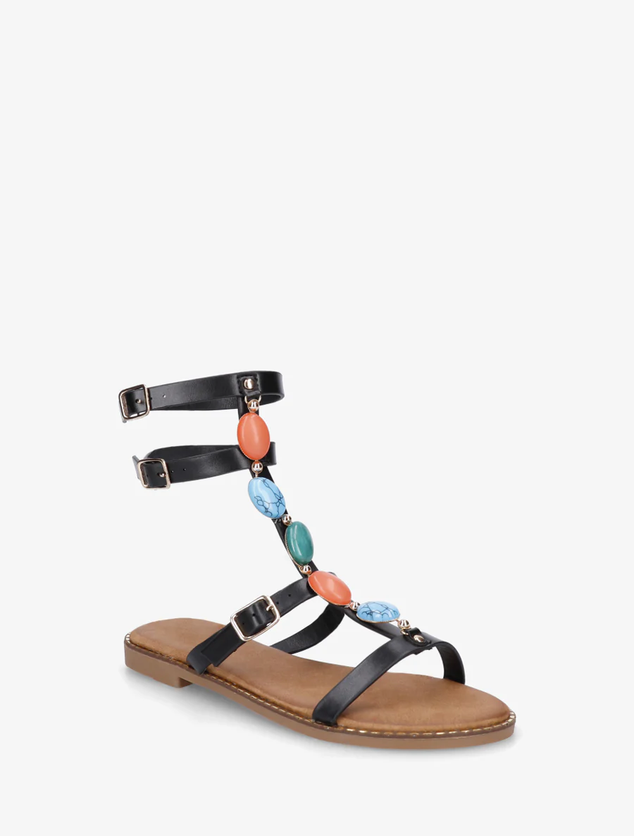 Sandaaltjes in gladiatorstijl met stenen - Zwart - Image 2