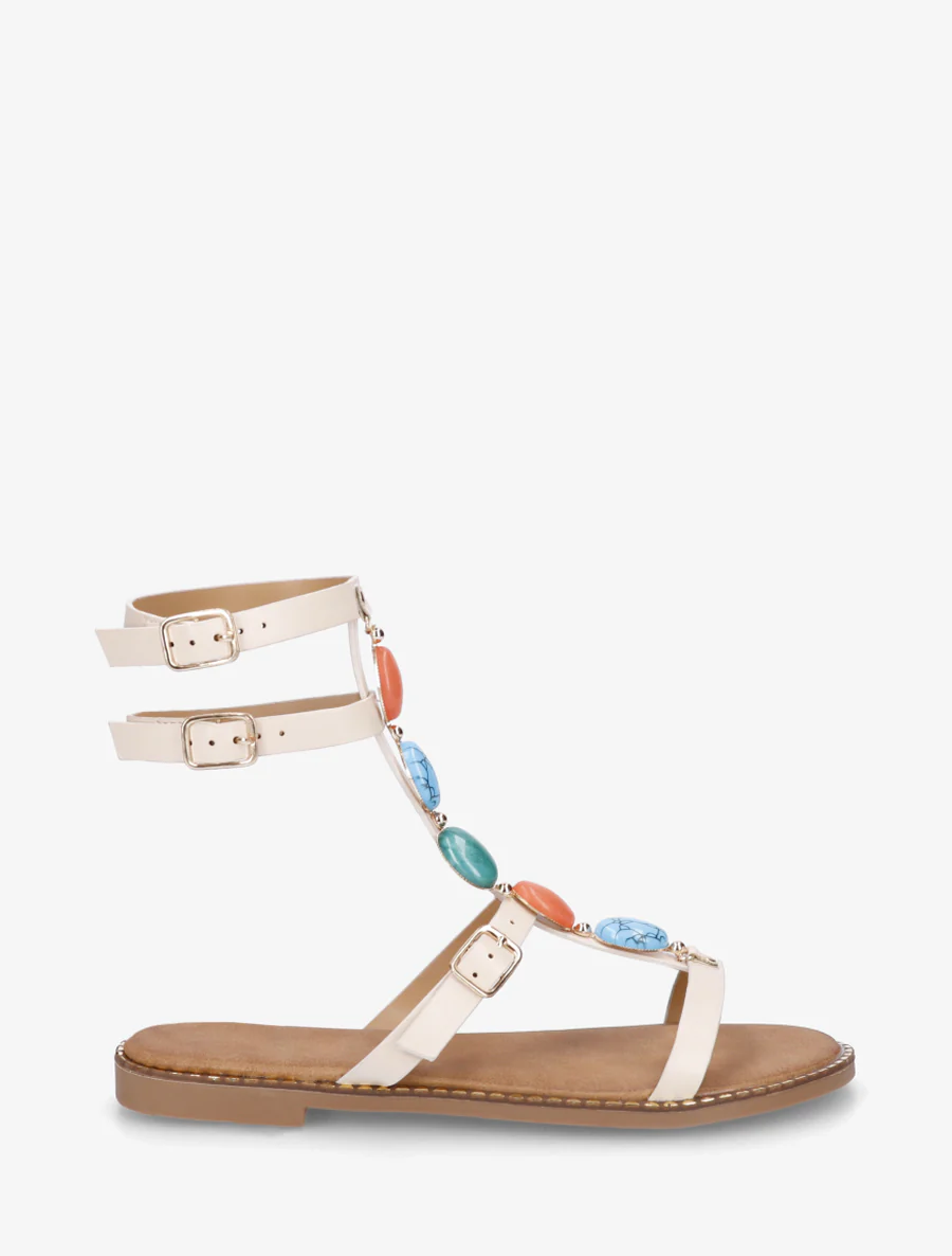 Sandaaltjes in gladiatorstijl met stenen - Beige